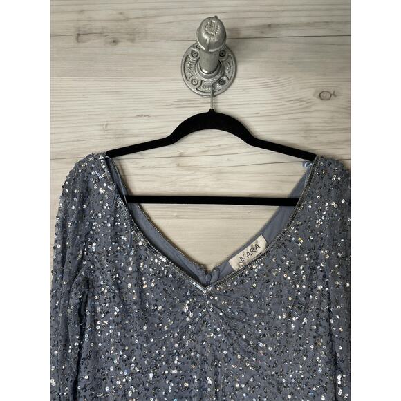 JKARA Dress Womens 8 Blue Silver Sequin Beaded Gown Formal Evening Maxi New - Picture 2 of 10